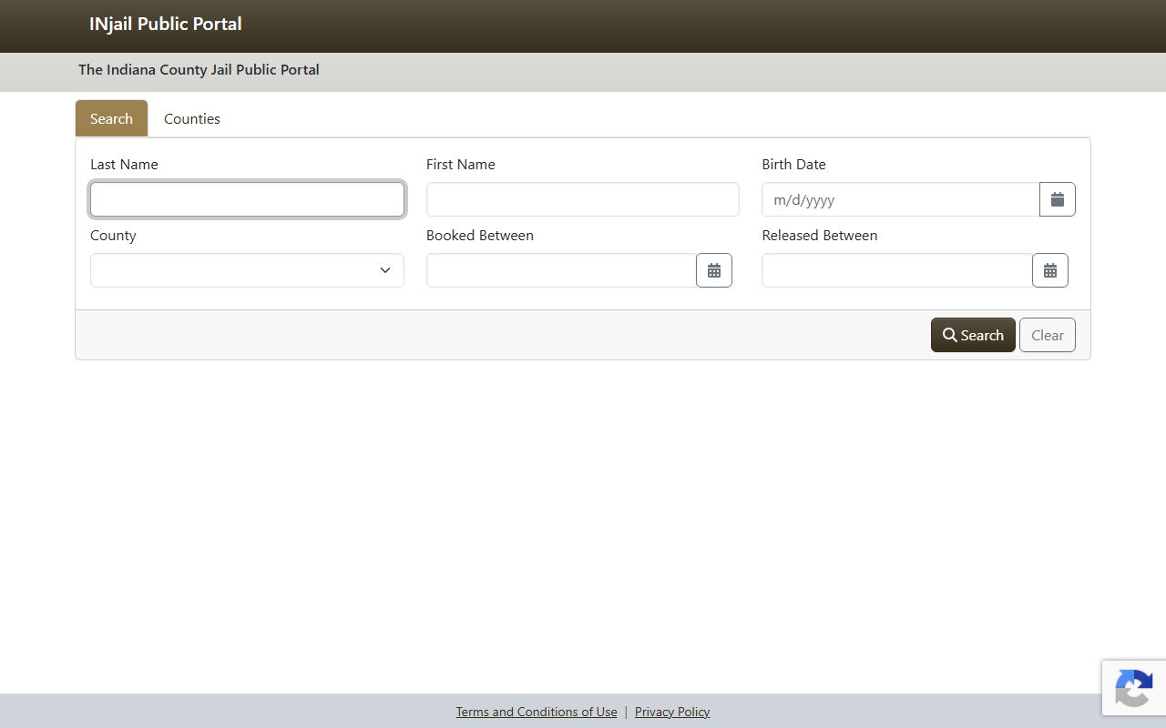 Carroll County inmate population search fields in the Indiana County Jail Public Portal