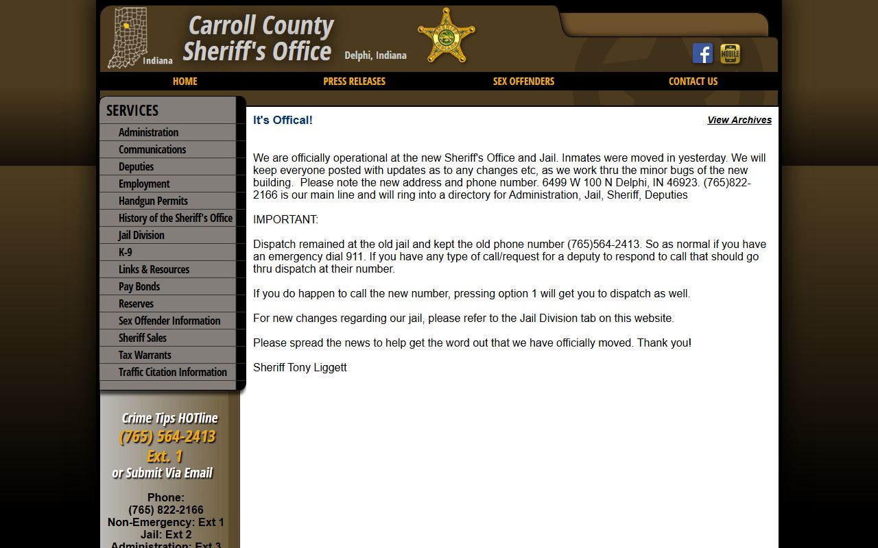 Carroll County Jail inmate lookup sheriff message announcing the new jail location