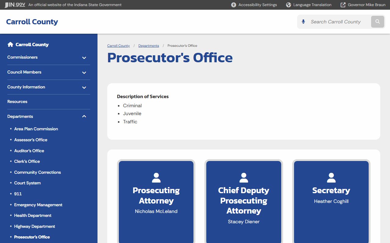 Carroll County Prosecutor page with office contact information