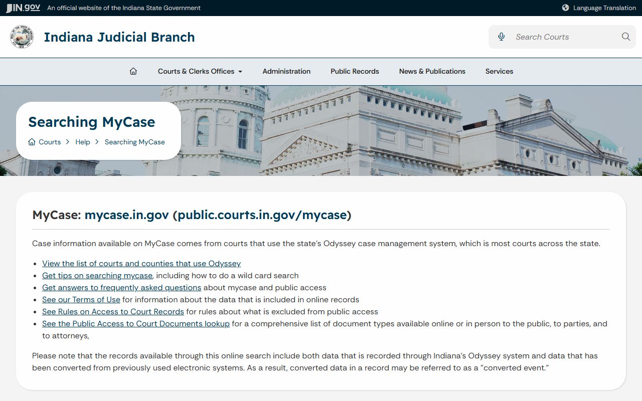 Indiana Judicial Branch MyCase help page for public court case access