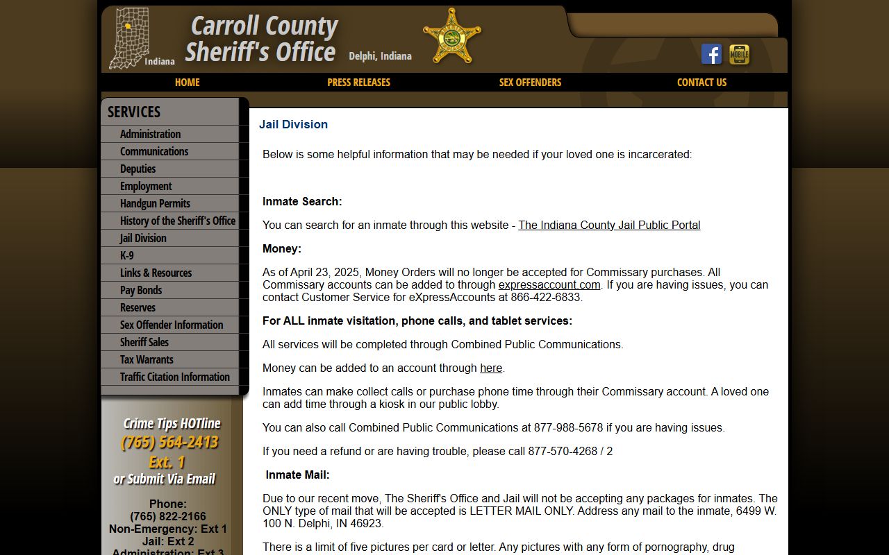 Carroll County inmate records Jail Division page with INjail and inmate service links