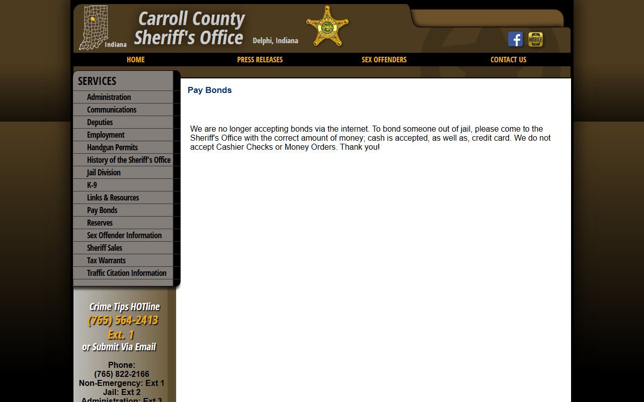 Carroll County inmate records bond page stating internet bonds are not accepted