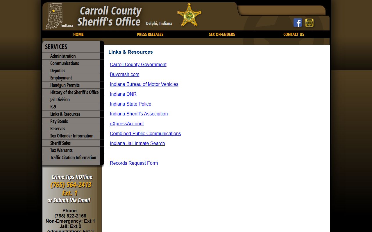 Carroll County inmate records sheriff links page with INjail and records request resources