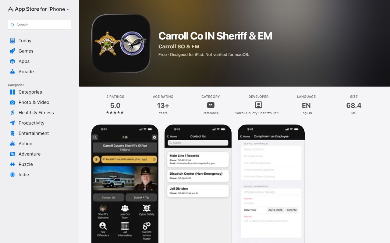 App Store listing for the official Carroll Co IN Sheriff and EM app