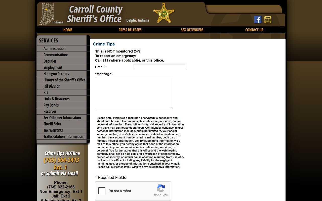 Carroll County Sheriff crime-tip form with monitoring warning